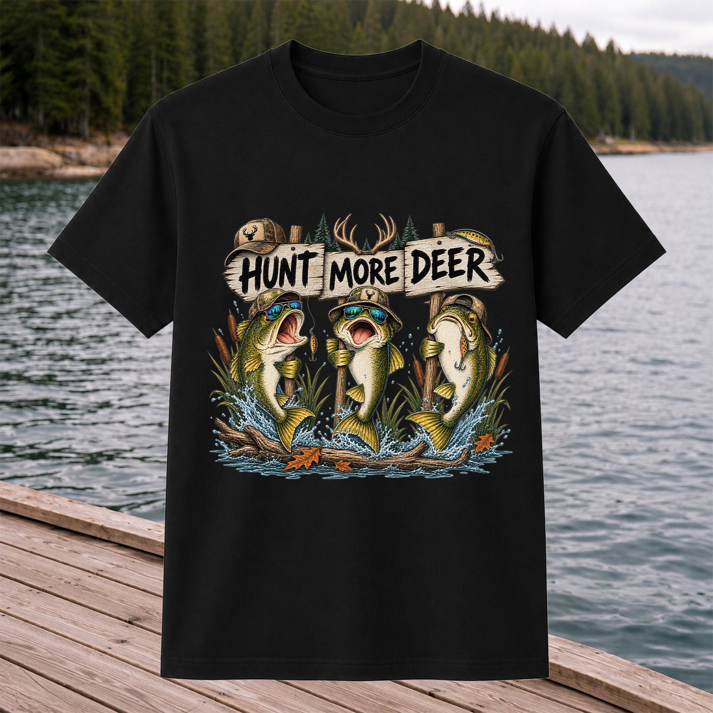 Hunt More Deer Funny Bass Fishing Graphic T-Shirt