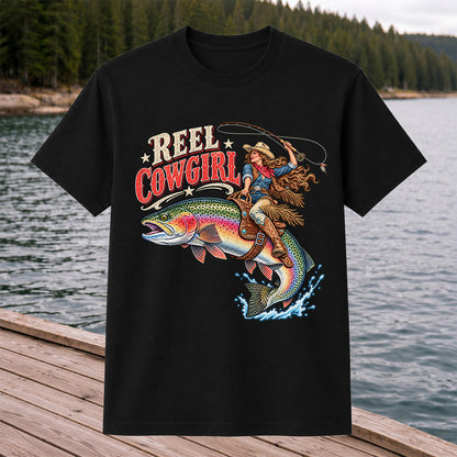 Reel Cowgirl Riding a Rainbow Trout Fly Fishing T-Shirt