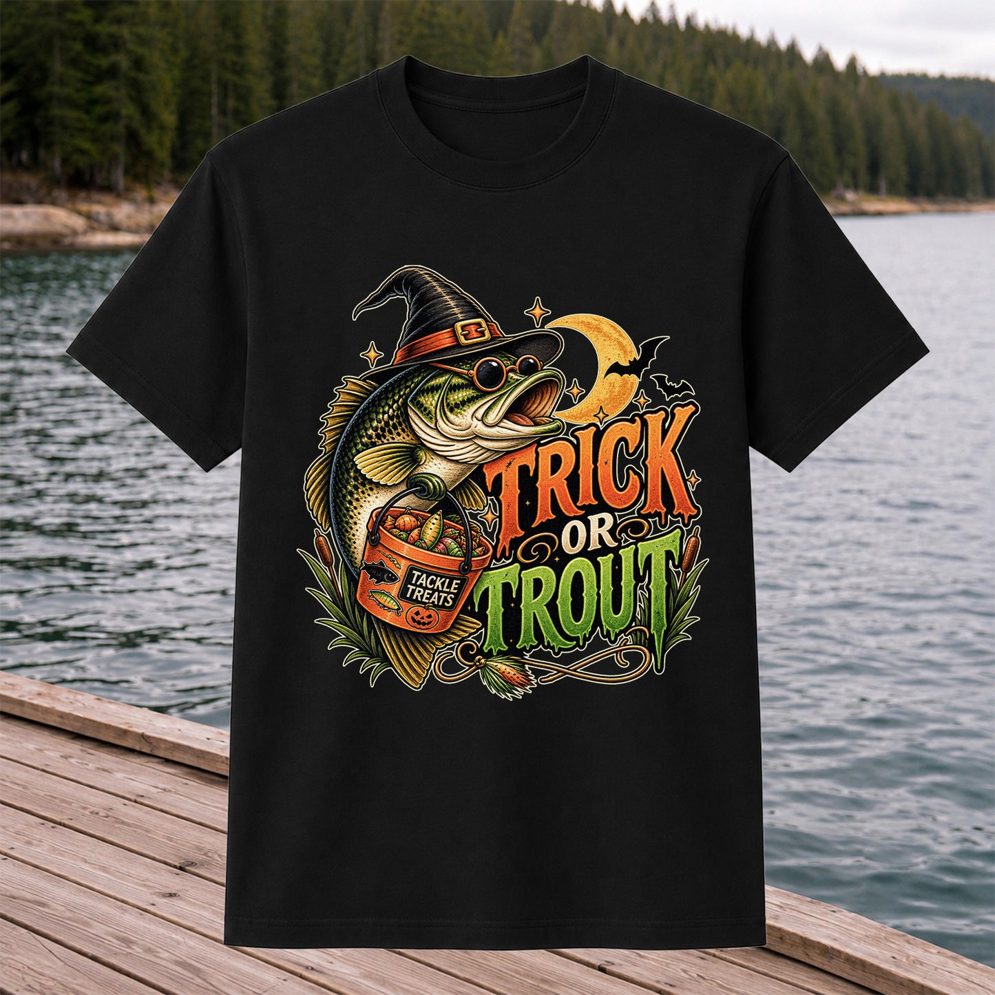Trick or Trout Bass in Witch Hat with Tackle Treats Halloween Fishing T-Shirt