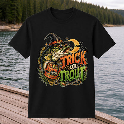 Trick or Trout Bass in Witch Hat with Tackle Treats Halloween Fishing T-Shirt