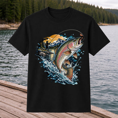 Leaping Rainbow Trout Mountain River Fly Fishing Graphic T-Shirt