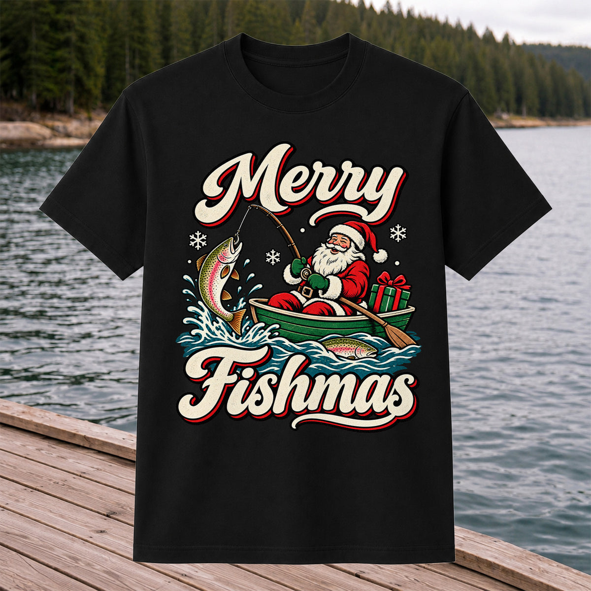 Merry Fishmas Santa Catching Rainbow Trout in a Boat Fishing T-Shirt