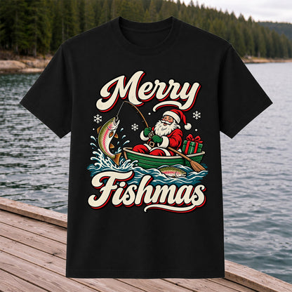 Merry Fishmas Santa Catching Rainbow Trout in a Boat Fishing T-Shirt