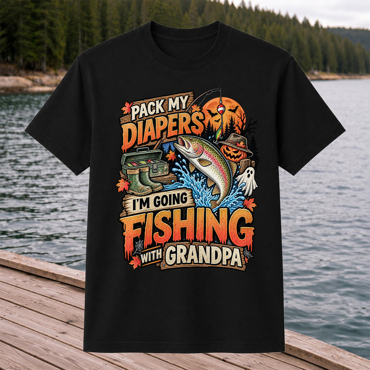 Pack My Diapers I'm Going Fishing With Grandpa Halloween Rainbow Trout T-Shirt
