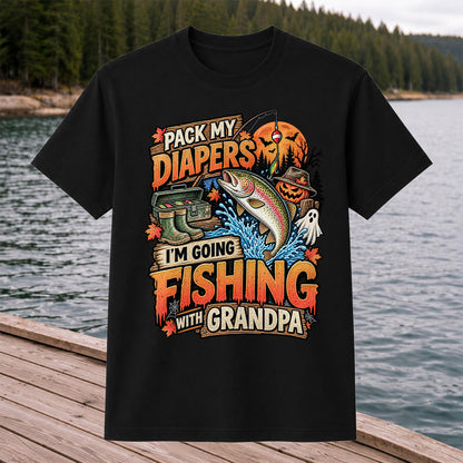 Pack My Diapers I'm Going Fishing With Grandpa Halloween Rainbow Trout T-Shirt