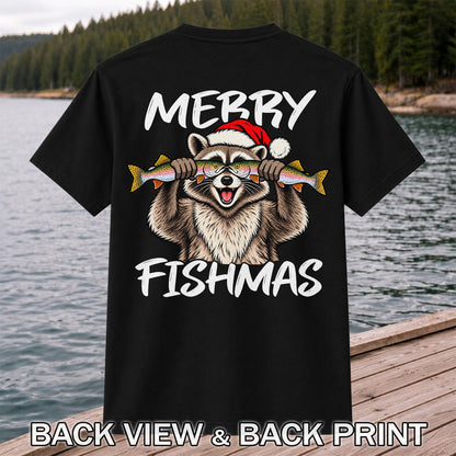 Merry Fishmas Raccoon Rainbow Trout Christmas Fishing T-Shirt | Back Print