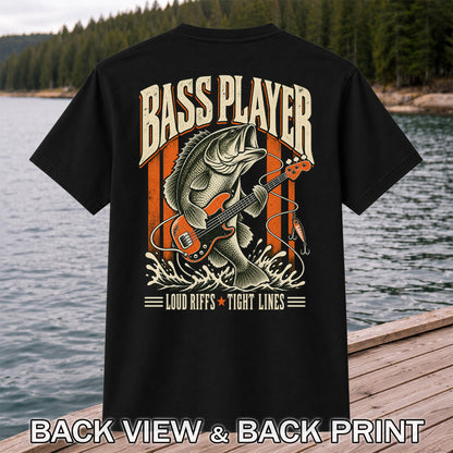 Bass Playing Guitar Vintage Fishing Graphic T-Shirt | Back Print