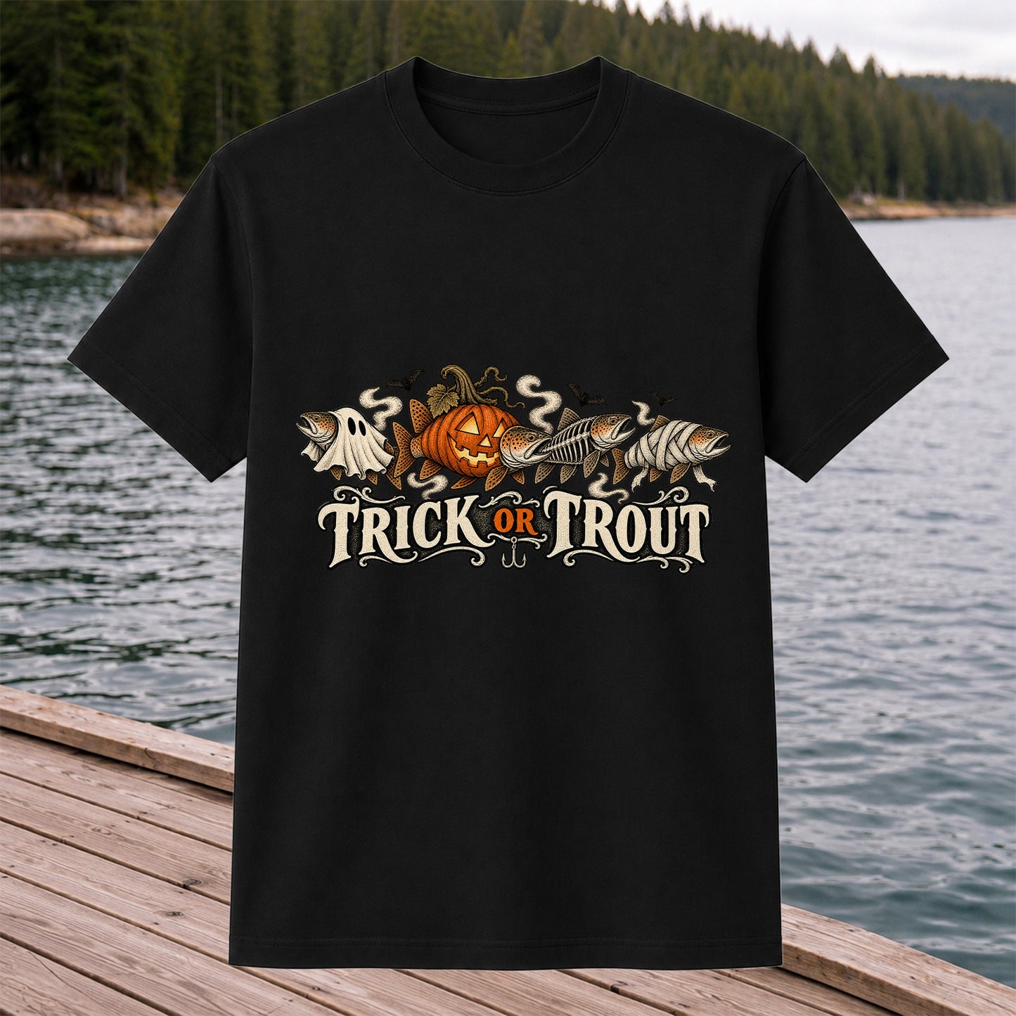 Trick or Trout Halloween Fish Lineup Fishing T-Shirt
