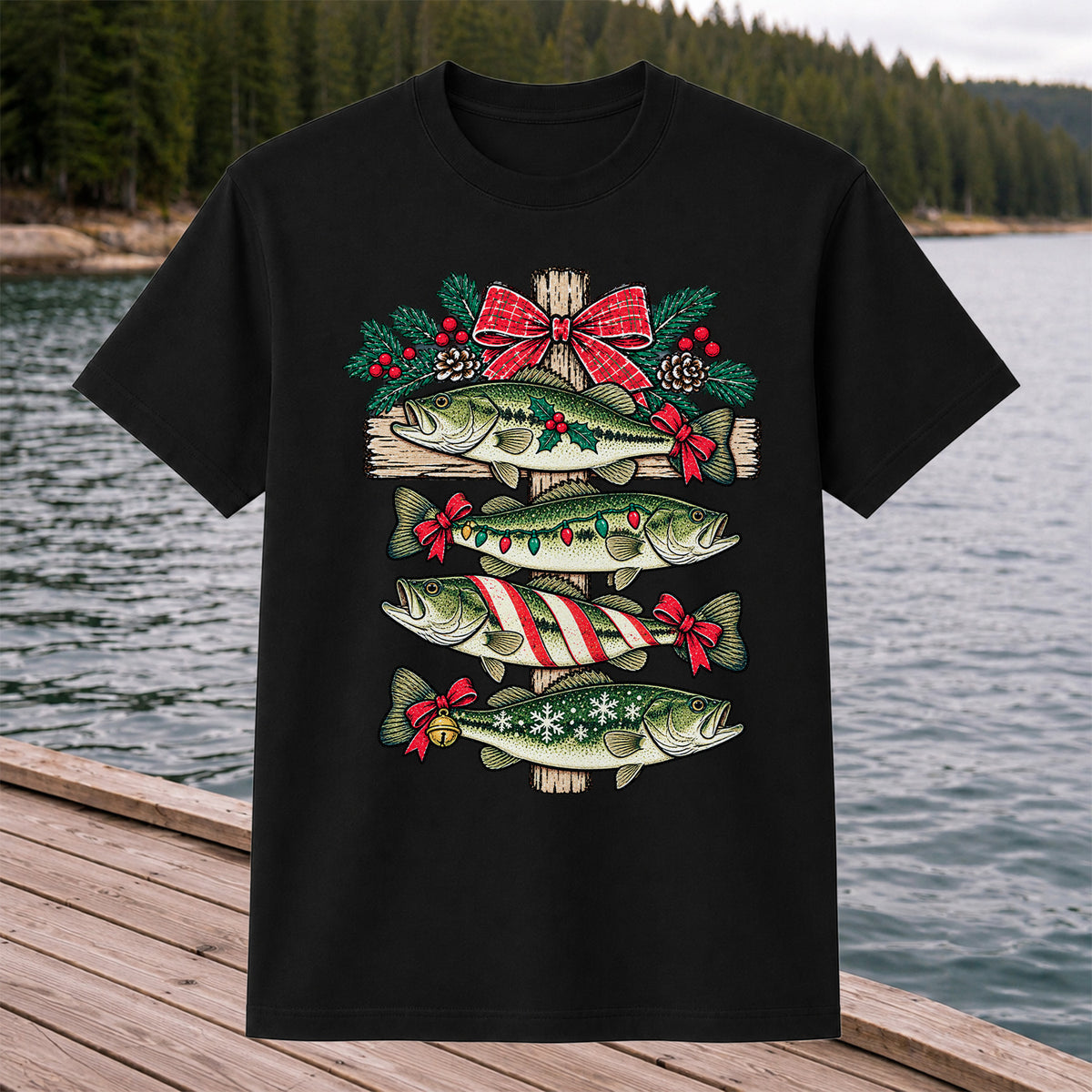 Christmas Bass Fishing Sign Holiday Graphic T-Shirt