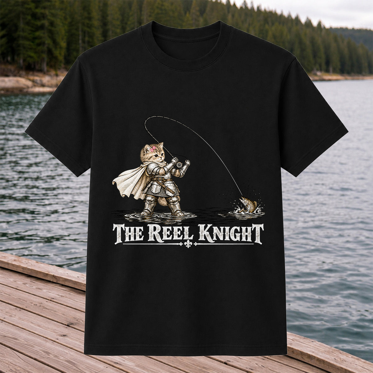 The Reel Knight Cat in Armor Funny Fishing Graphic T-Shirt