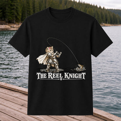 The Reel Knight Cat in Armor Funny Fishing Graphic T-Shirt