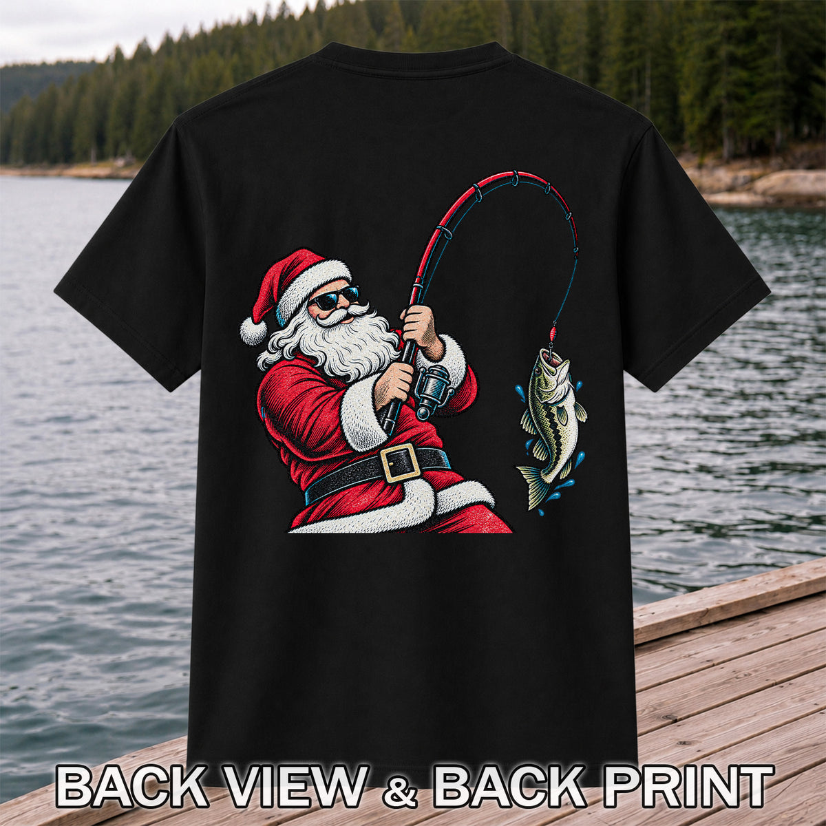 Santa Claus Catching a Bass Christmas Fishing Graphic T-Shirt | Back Print