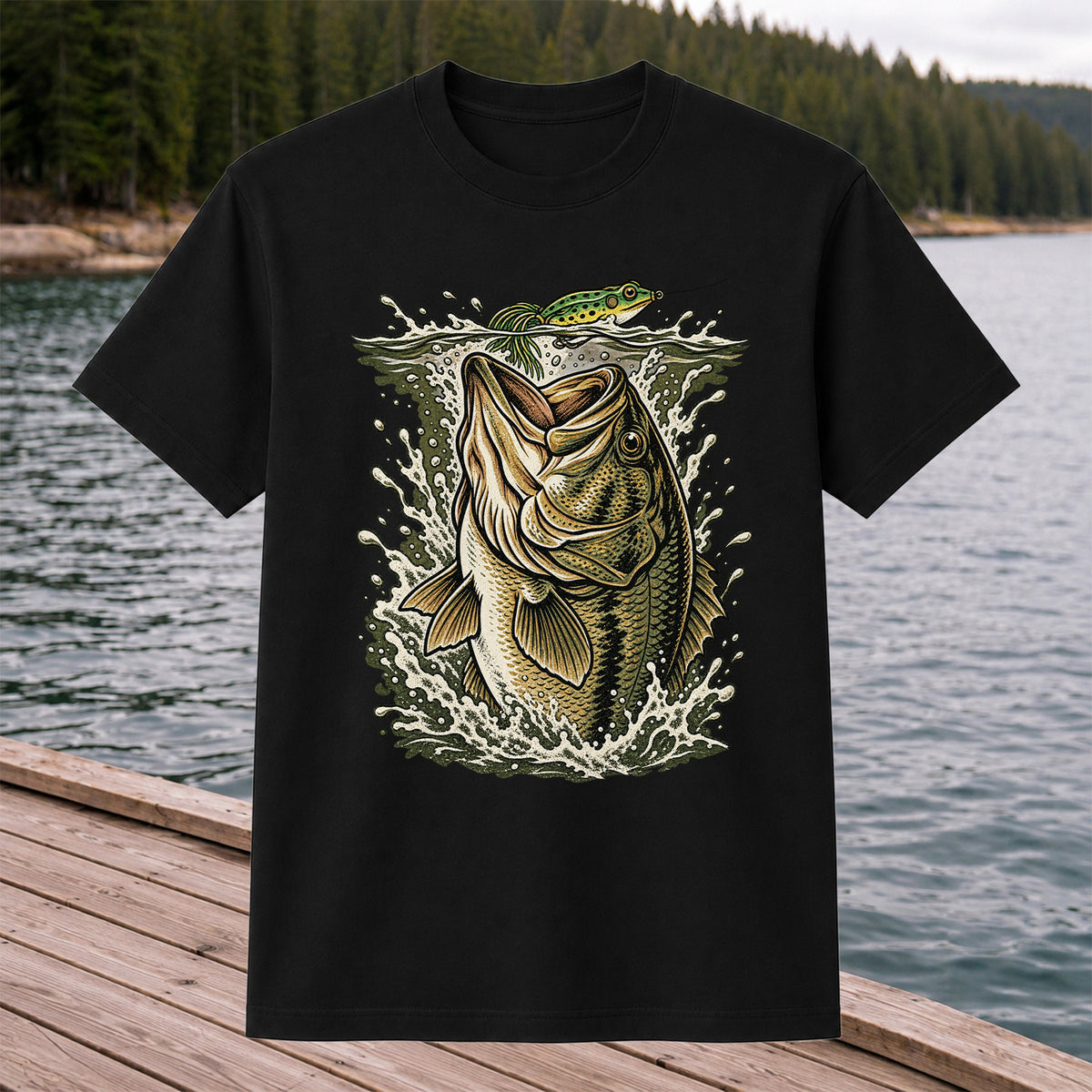 Largemouth Bass Striking a Frog Lure Fishing Graphic T-Shirt