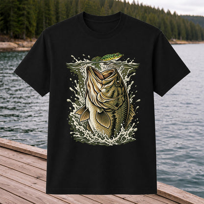Largemouth Bass Striking a Frog Lure Fishing Graphic T-Shirt