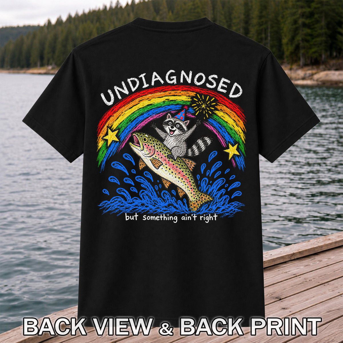Undiagnosed But Something Ain't Right Raccoon Riding Trout T-Shirt | Back Print