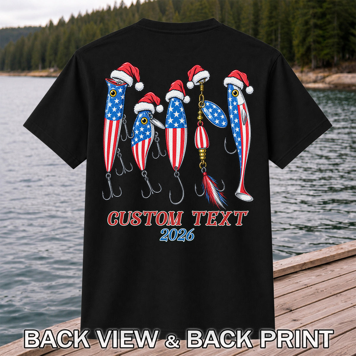 Personalized Patriotic Christmas Fishing Lures T-Shirt | Back Print
