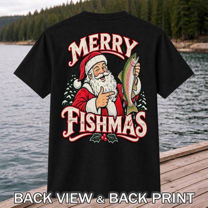 Merry Fishmas Santa Holding Rainbow Trout Christmas Fishing T-Shirt | Back Print