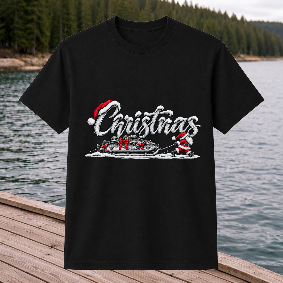 Christmas Santa Pulling Trout Fishing Sled Graphic T-Shirt