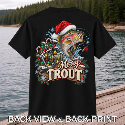 Merry Trout Christmas Rainbow Trout and Fishing Reel T-Shirt | Back Print