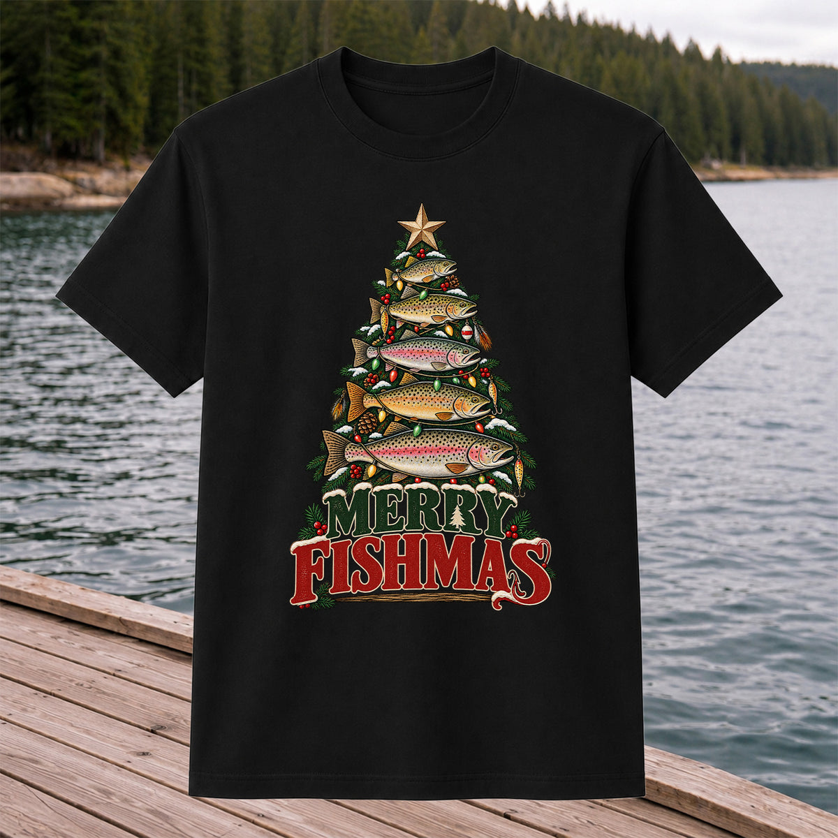Merry Fishmas Trout Christmas Tree Fishing T-Shirt
