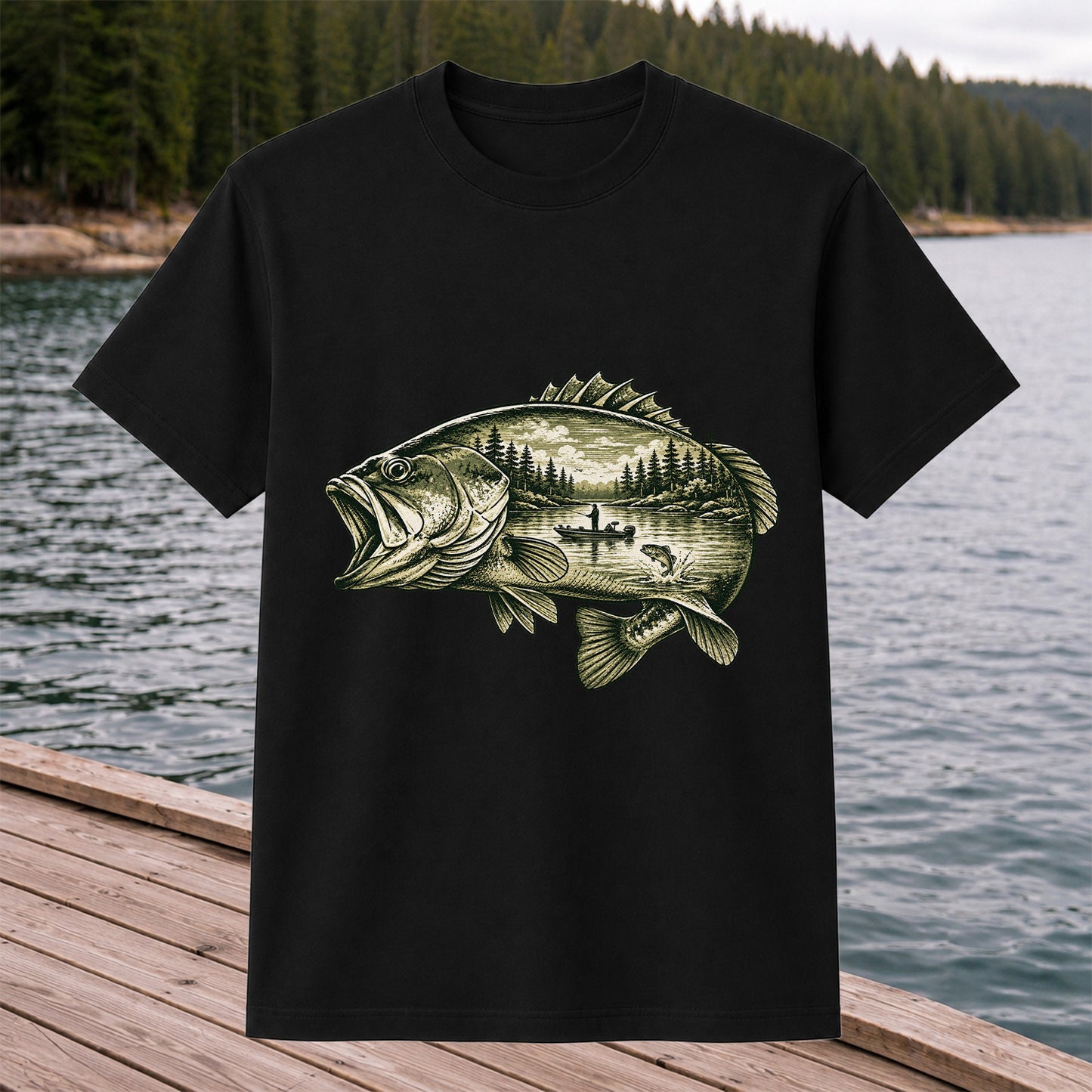 Vintage Bass Lake Fishing Scene Graphic T-Shirt