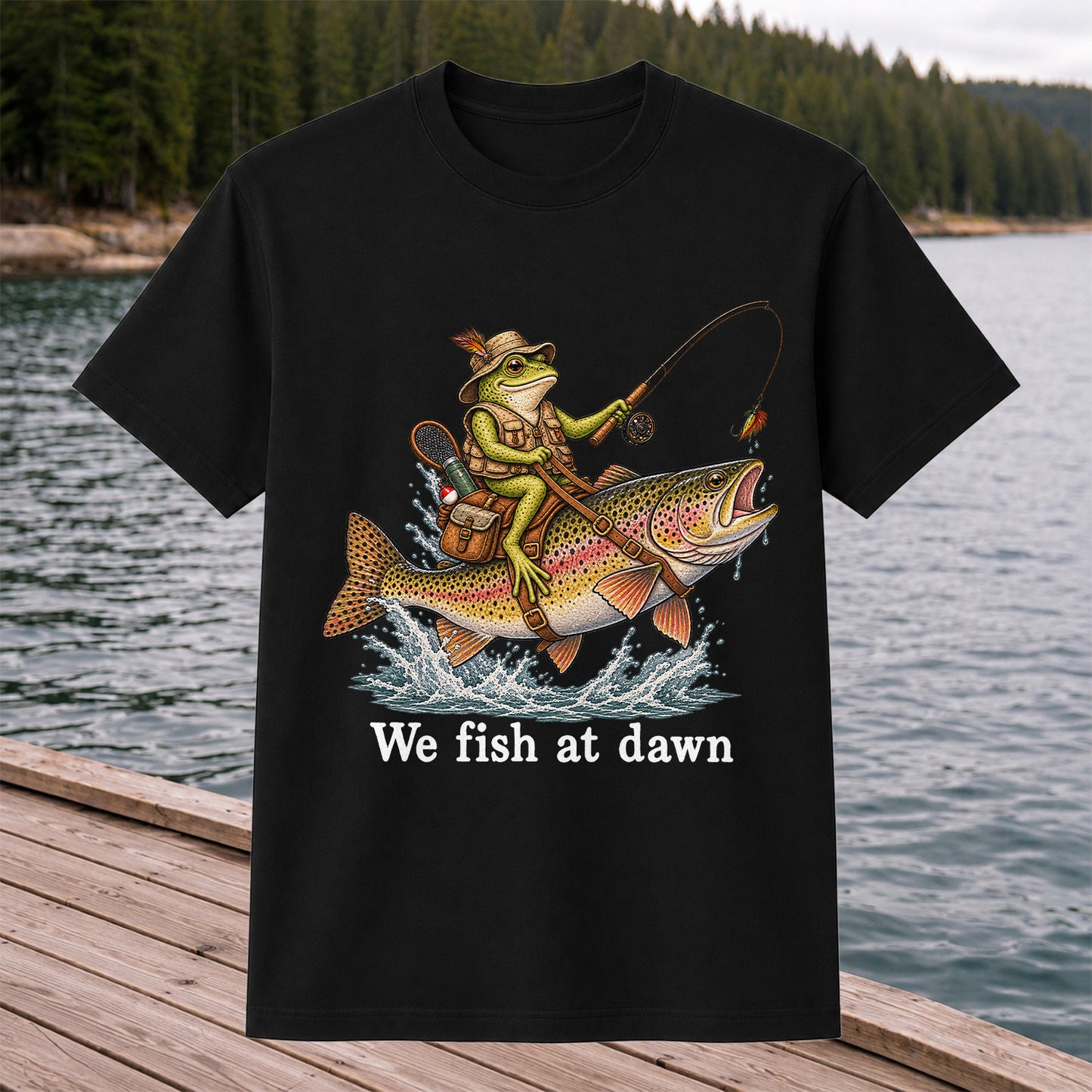 We Fish at Dawn Frog Riding a Rainbow Trout Funny Fishing T-Shirt