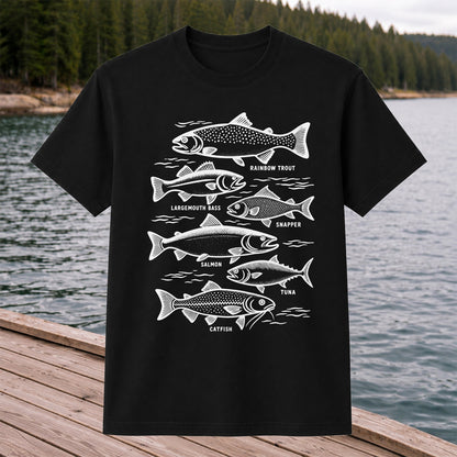 Rainbow Trout, Largemouth Bass, Snapper, Salmon, Tuna and Catfish Fishing Graphic T-Shirt