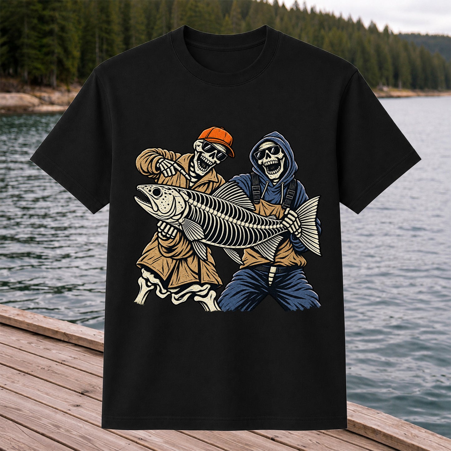 Skeleton Anglers Holding a Giant Fish Graphic T-Shirt