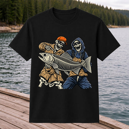 Skeleton Anglers Holding a Giant Fish Graphic T-Shirt