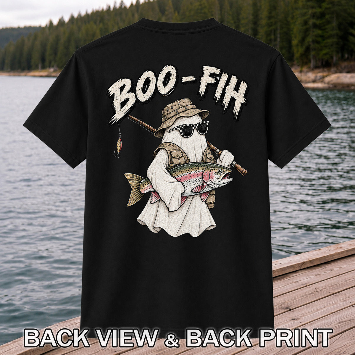Boo-Fih Ghost Holding Rainbow Trout Halloween Fishing T-Shirt | Back Print