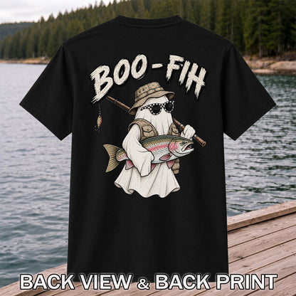 Boo-Fih Ghost Holding Rainbow Trout Halloween Fishing T-Shirt | Back Print