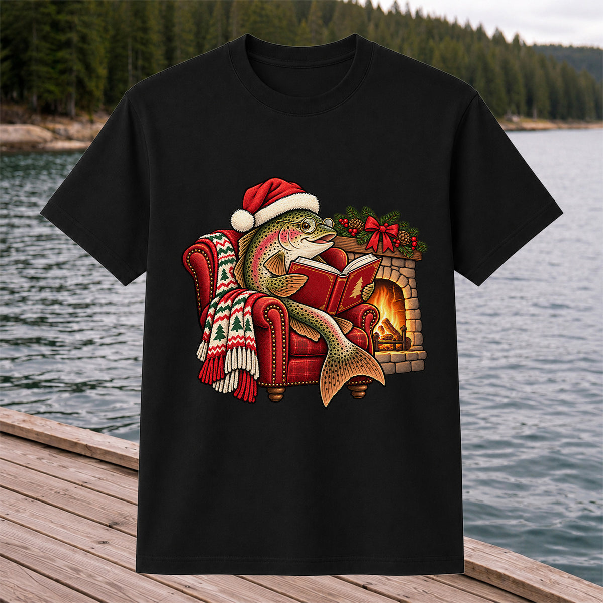 Christmas Trout Reading by the Fireplace Fishing T-Shirt