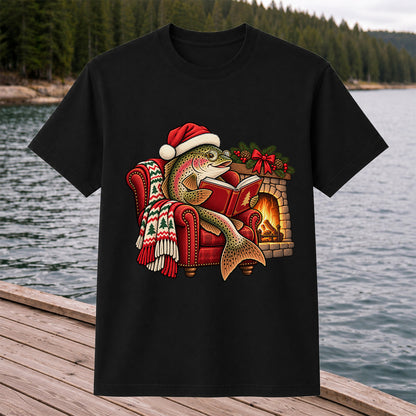 Christmas Trout Reading by the Fireplace Fishing T-Shirt