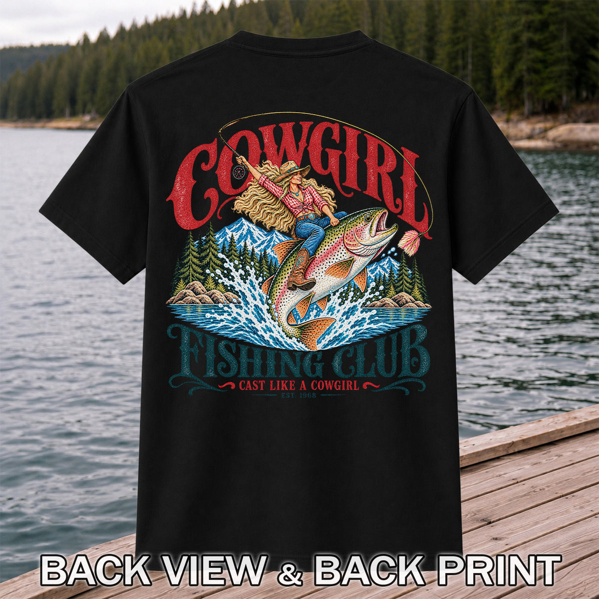 Cowgirl Riding Trout Fishing Club Graphic T-Shirt | Back Print