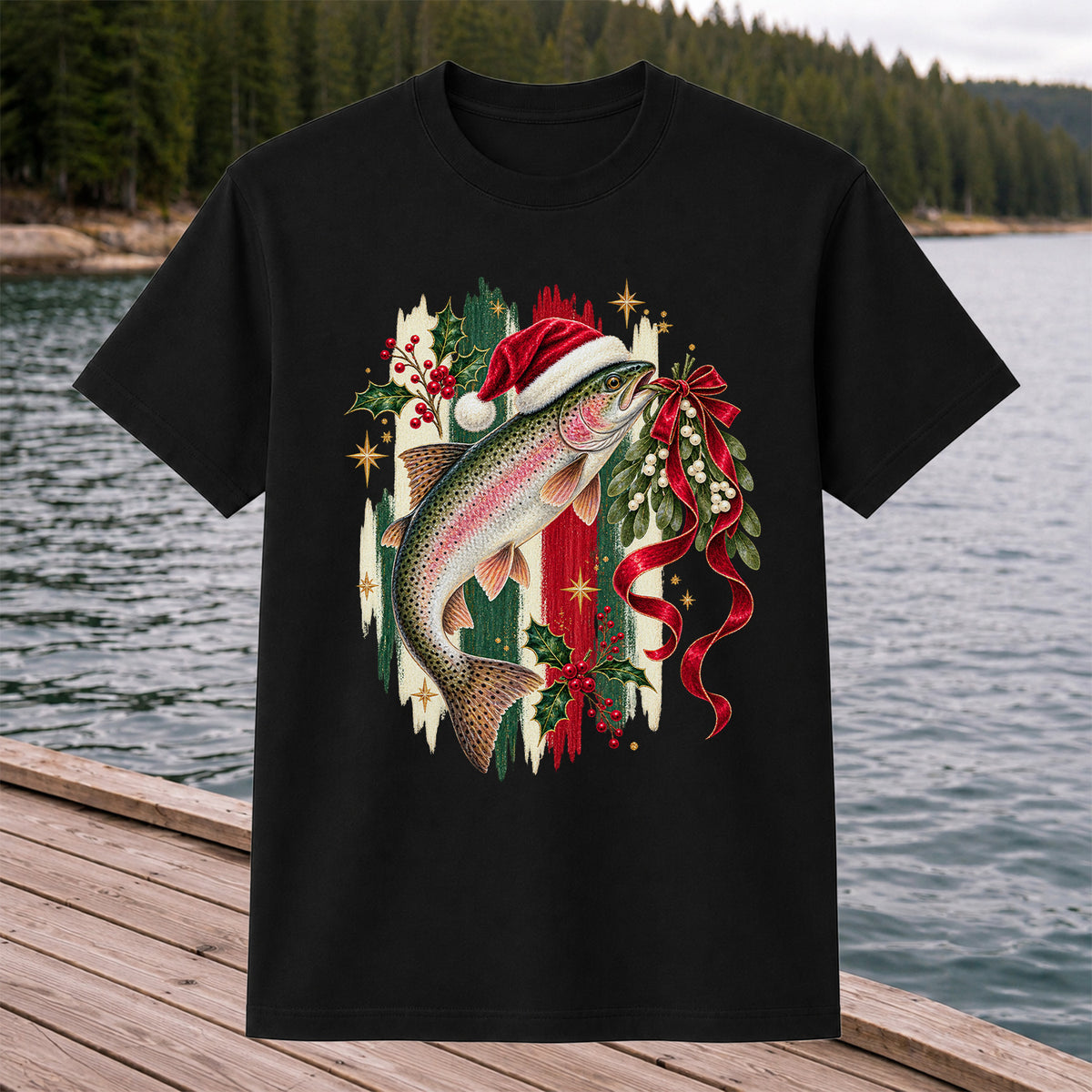 Christmas Santa Hat Rainbow Trout Fishing Graphic T-Shirt