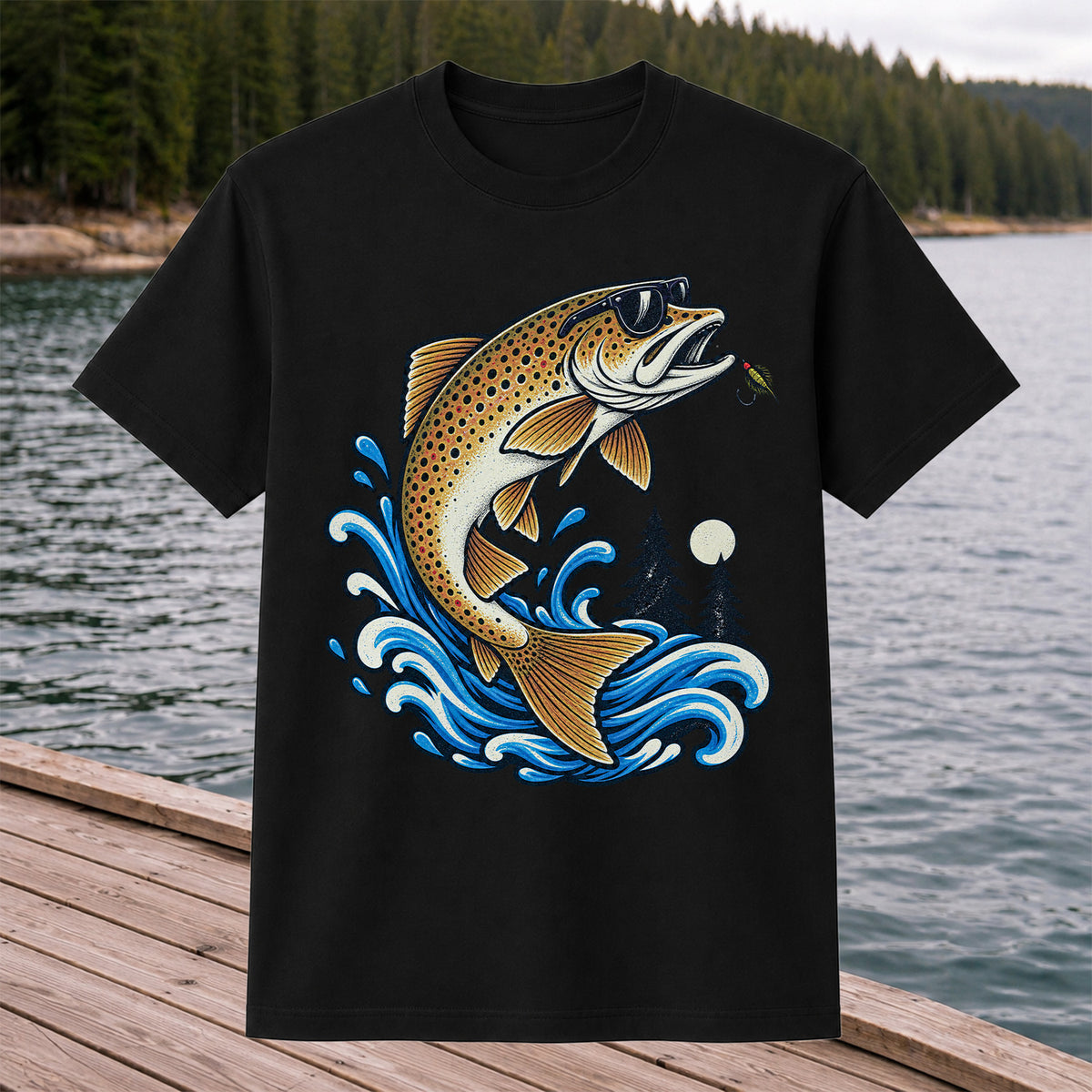 Brown Trout Sunglasses Fishing Graphic T-Shirt with Lure