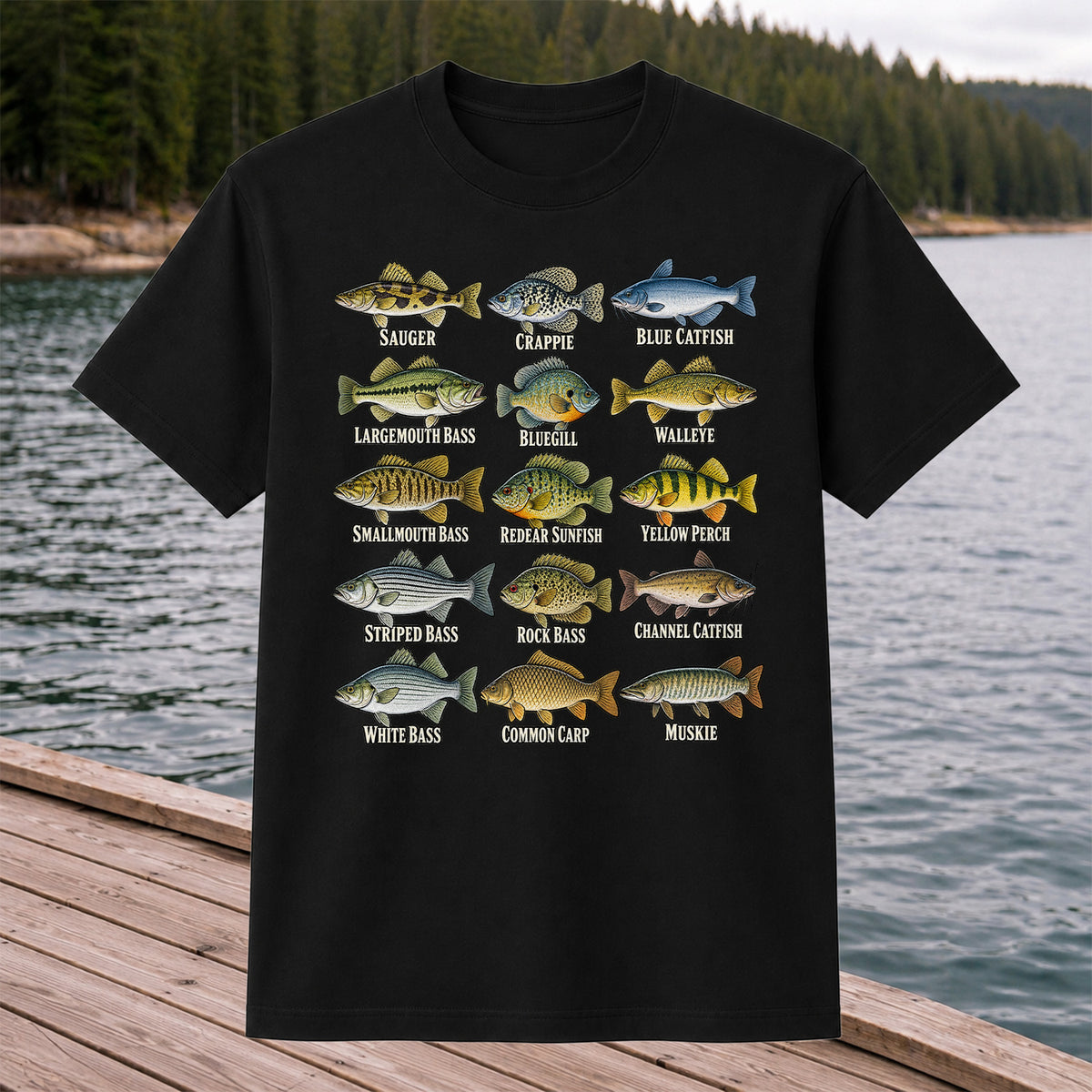 Bass Crappie and Catfish Freshwater Fish Chart Graphic T-Shirt
