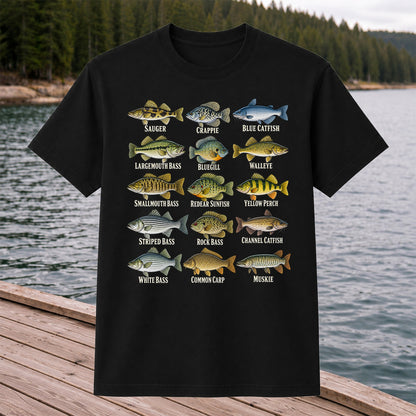 Bass Crappie and Catfish Freshwater Fish Chart Graphic T-Shirt