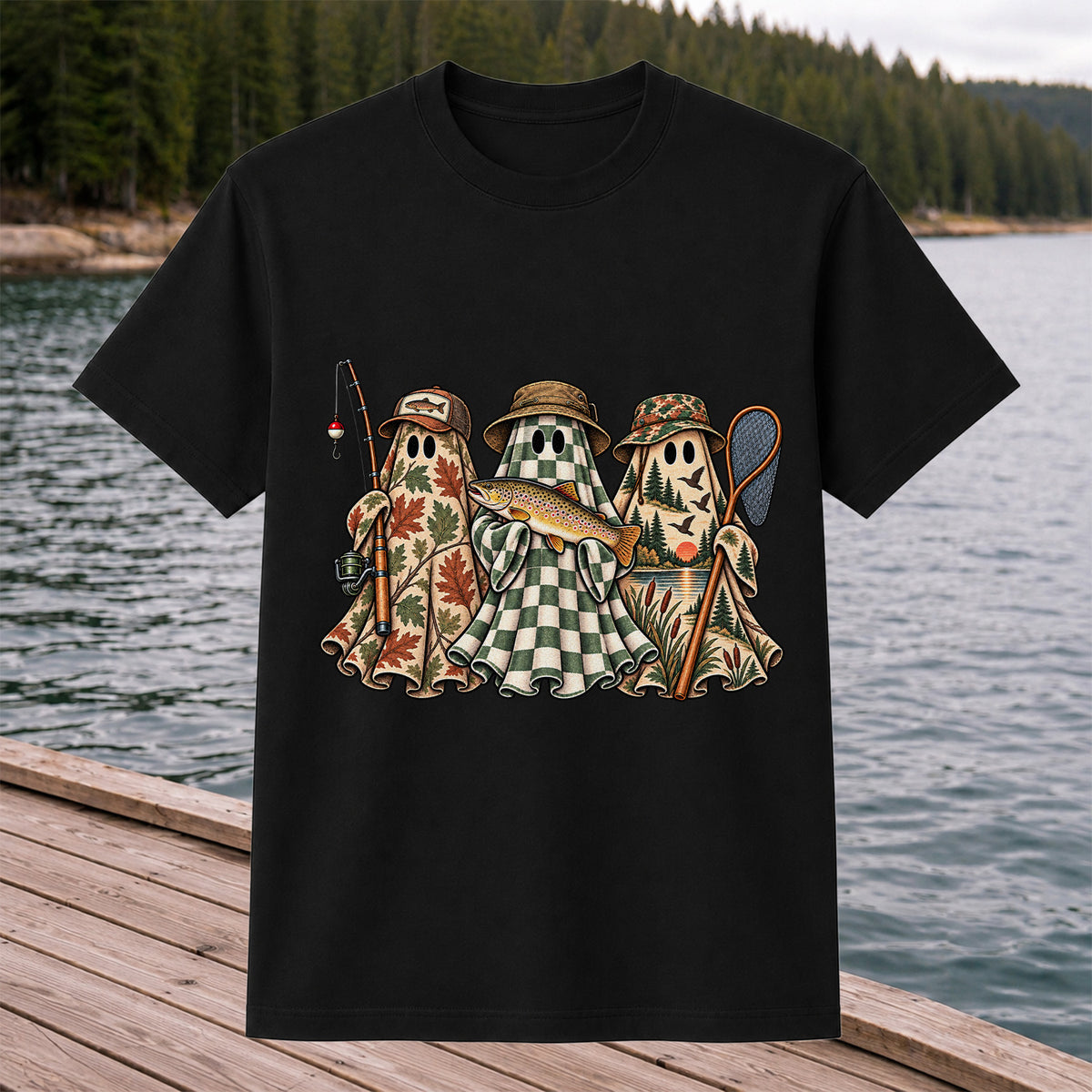 Autumn Ghost Trio with Brown Trout Halloween Fishing T-Shirt