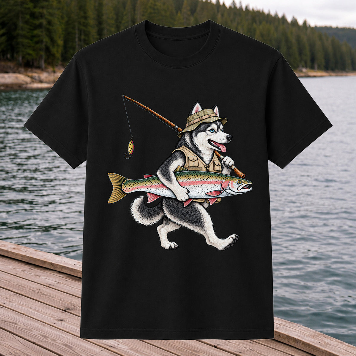 Husky Holding Rainbow Trout Fishing Graphic T-Shirt