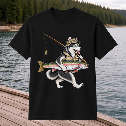 Husky Holding Rainbow Trout Fishing Graphic T-Shirt