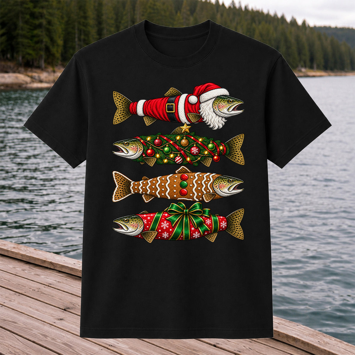 Festive Christmas Trout Santa and Gingerbread Fishing T-Shirt
