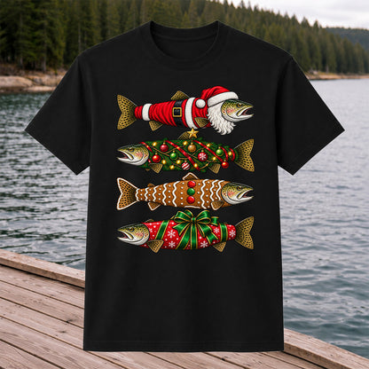 Festive Christmas Trout Santa and Gingerbread Fishing T-Shirt