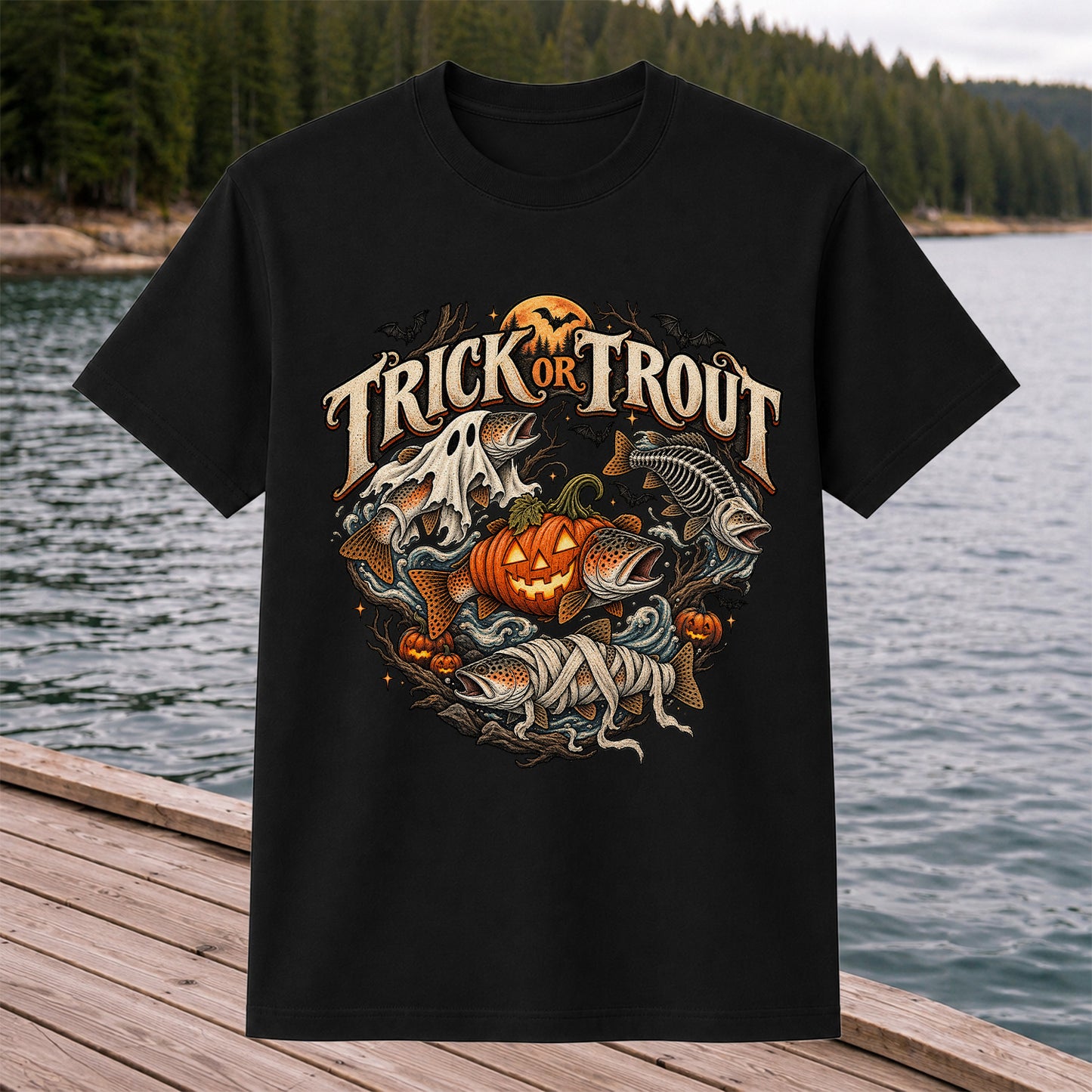 Trick or Trout Haunted Fish Halloween Fishing T-Shirt