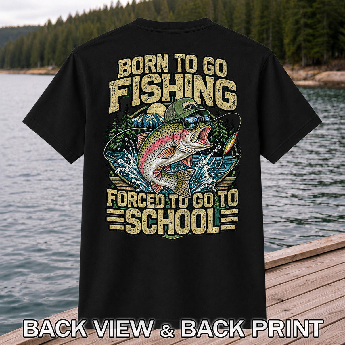 Born to Go Fishing Forced to Go to School Rainbow Trout T-Shirt | Back Print