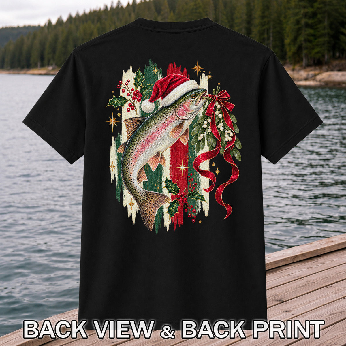 Christmas Santa Hat Rainbow Trout Fishing Graphic T-Shirt | Back Print