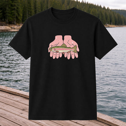 Rainbow Trout Held in Pink Hands Fishing Graphic T-Shirt