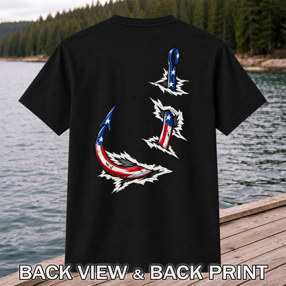 Patriotic American Flag Fishing Hooks Graphic T-Shirt | Back Print