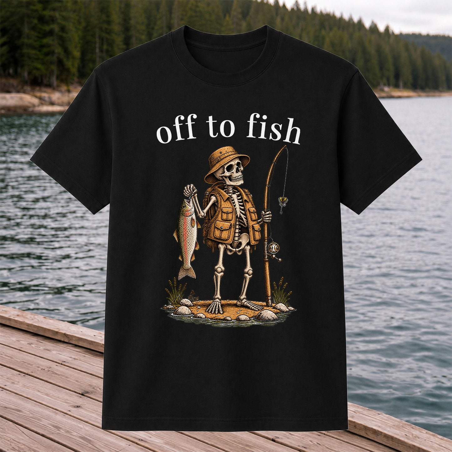 Off to Fish Skeleton Angler Funny Fishing T-Shirt