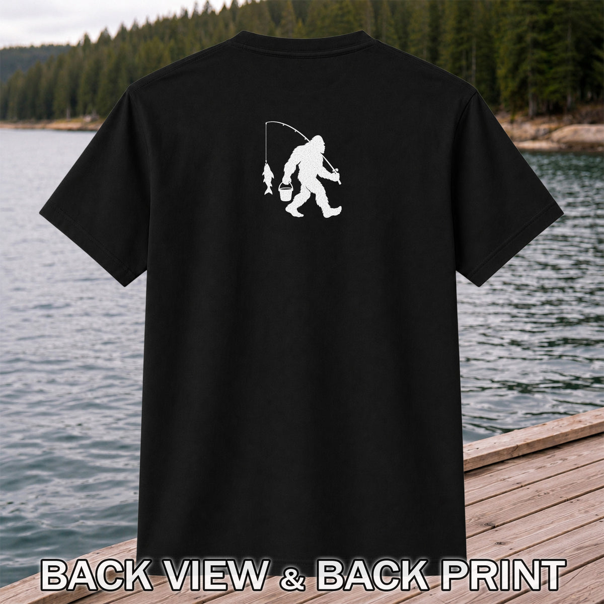 Fishing Silhouette with Catch and Bucket Graphic T-Shirt | Back Print